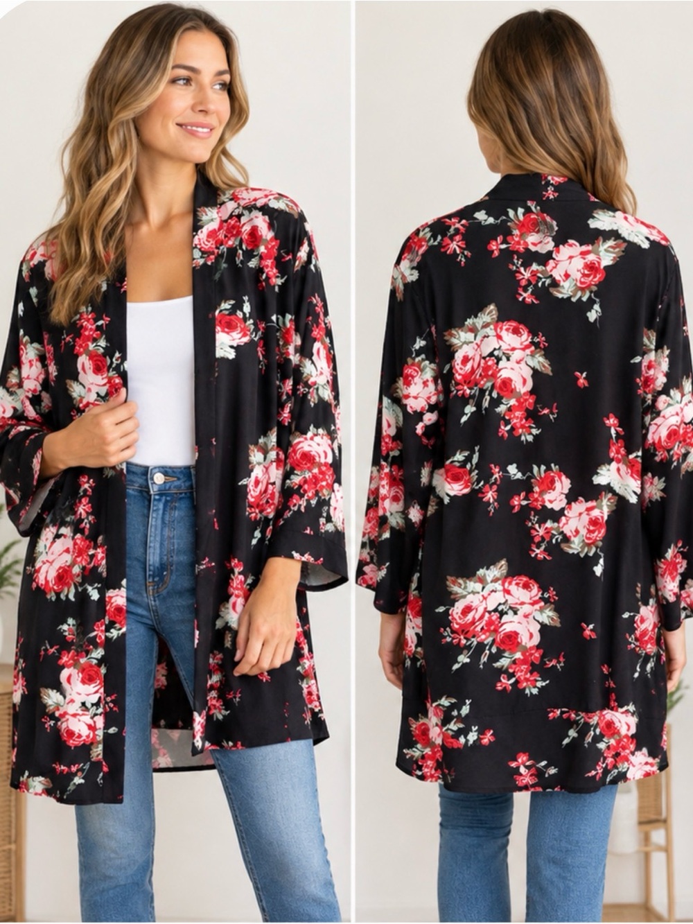 ECOWISH Black Floral Open-Front Cardigan/Kimono with Red and White Roses